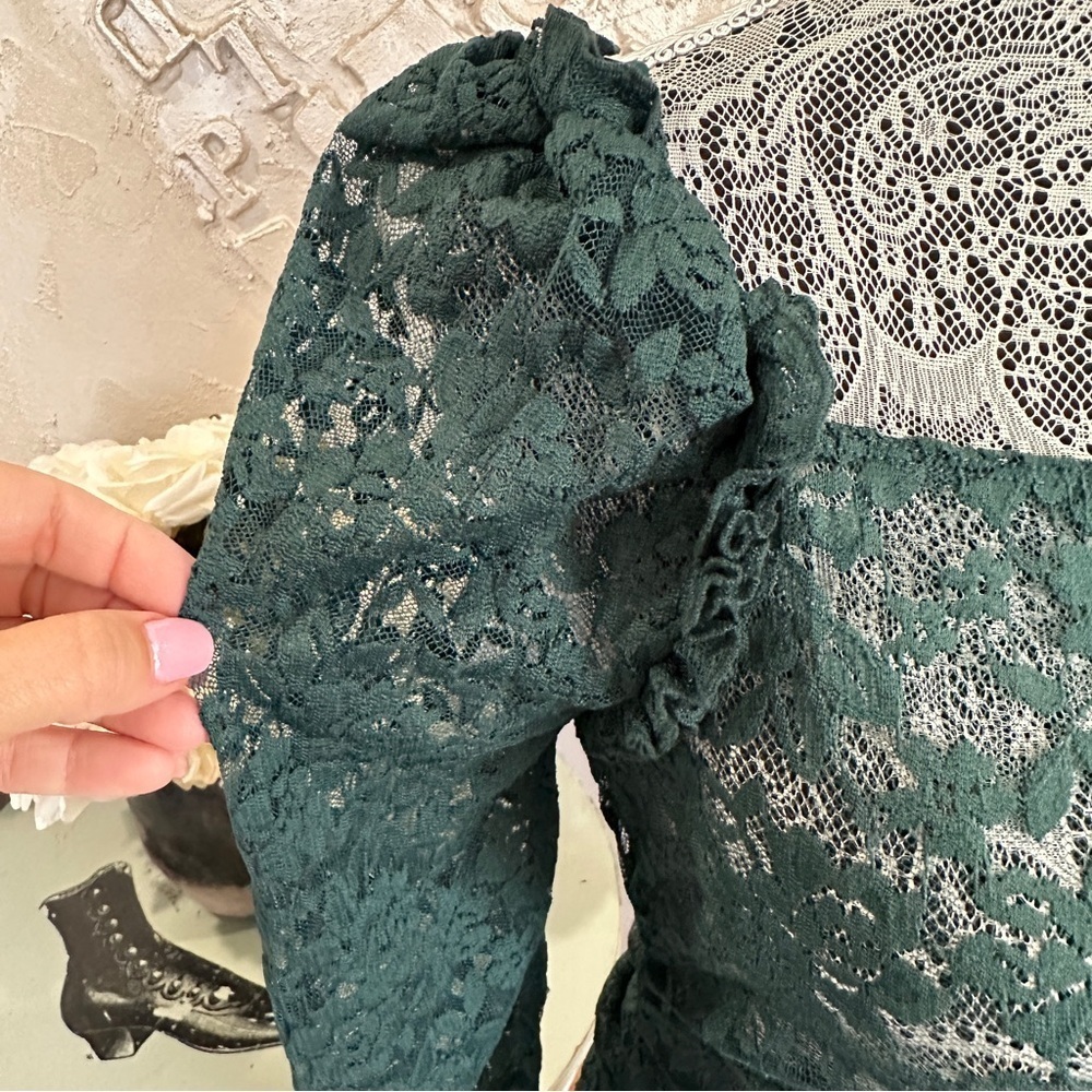 Anthropologie Long Sleeve Green 100% Lace Top Size Medium - Picture 5 of 16